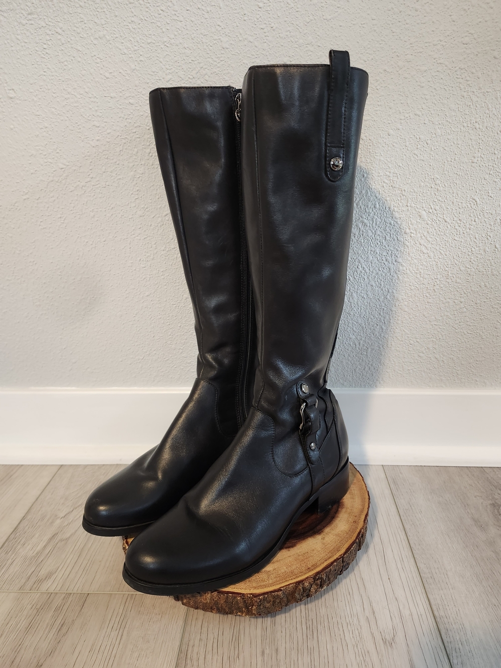 Women's Black Leather Tall Heeled Riding Boots